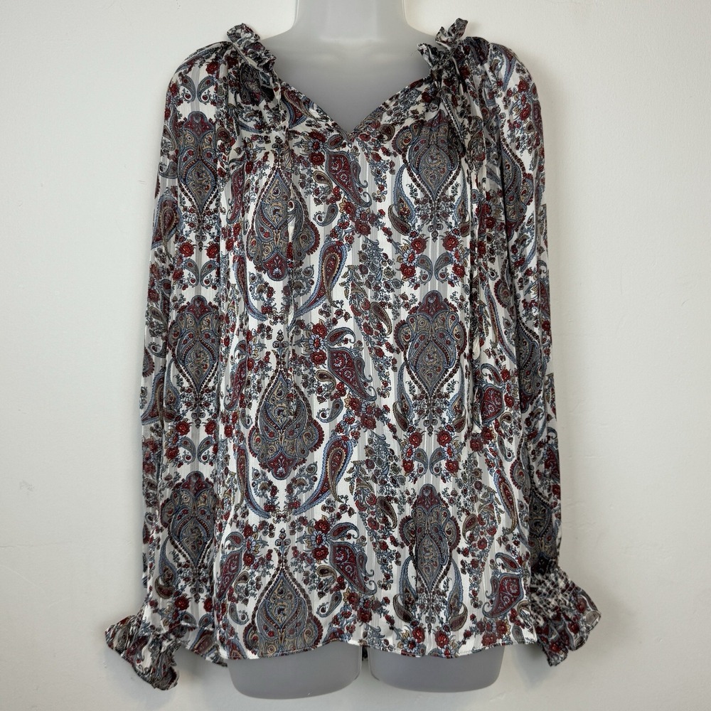 H & M Womens 14 L Paisley Blouse V Neck Long Poet Sleeve Peasant Boho Blue Red